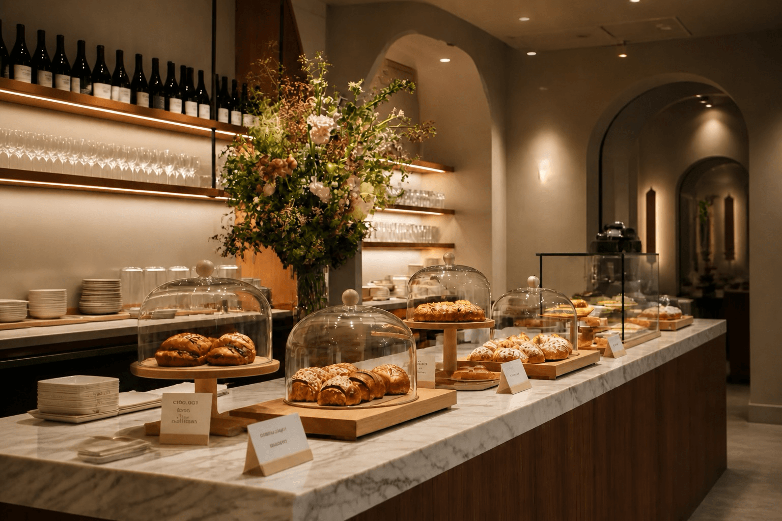 Marble café counter lined with pastries under glass domes