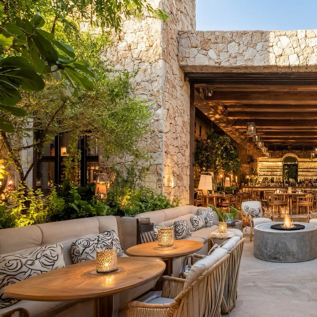 Outdoor lounge with fire pit during the day