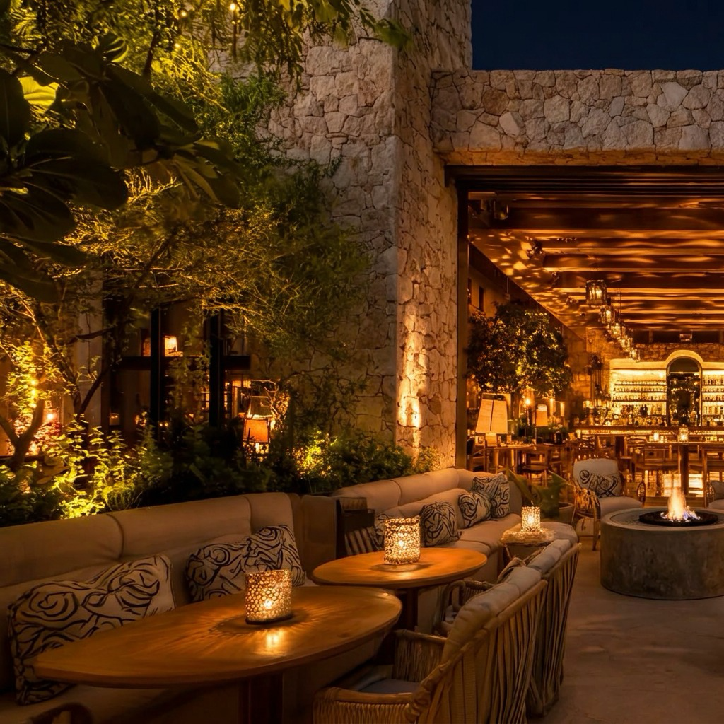 Outdoor lounge with fire pit at night