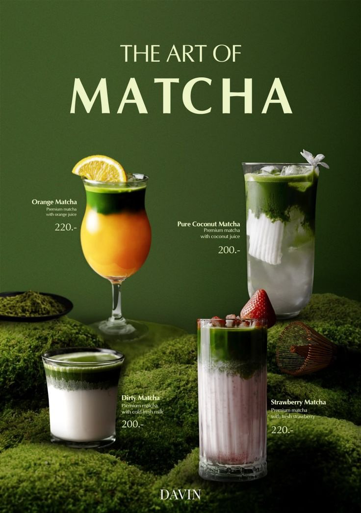 The Art of Matcha — orange, coconut, dirty, and strawberry matcha drinks