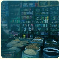 Traditional wholesale market with stacked goods
