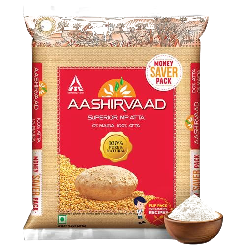 Aashirvaad atta wheat flour pack with bowl of flour