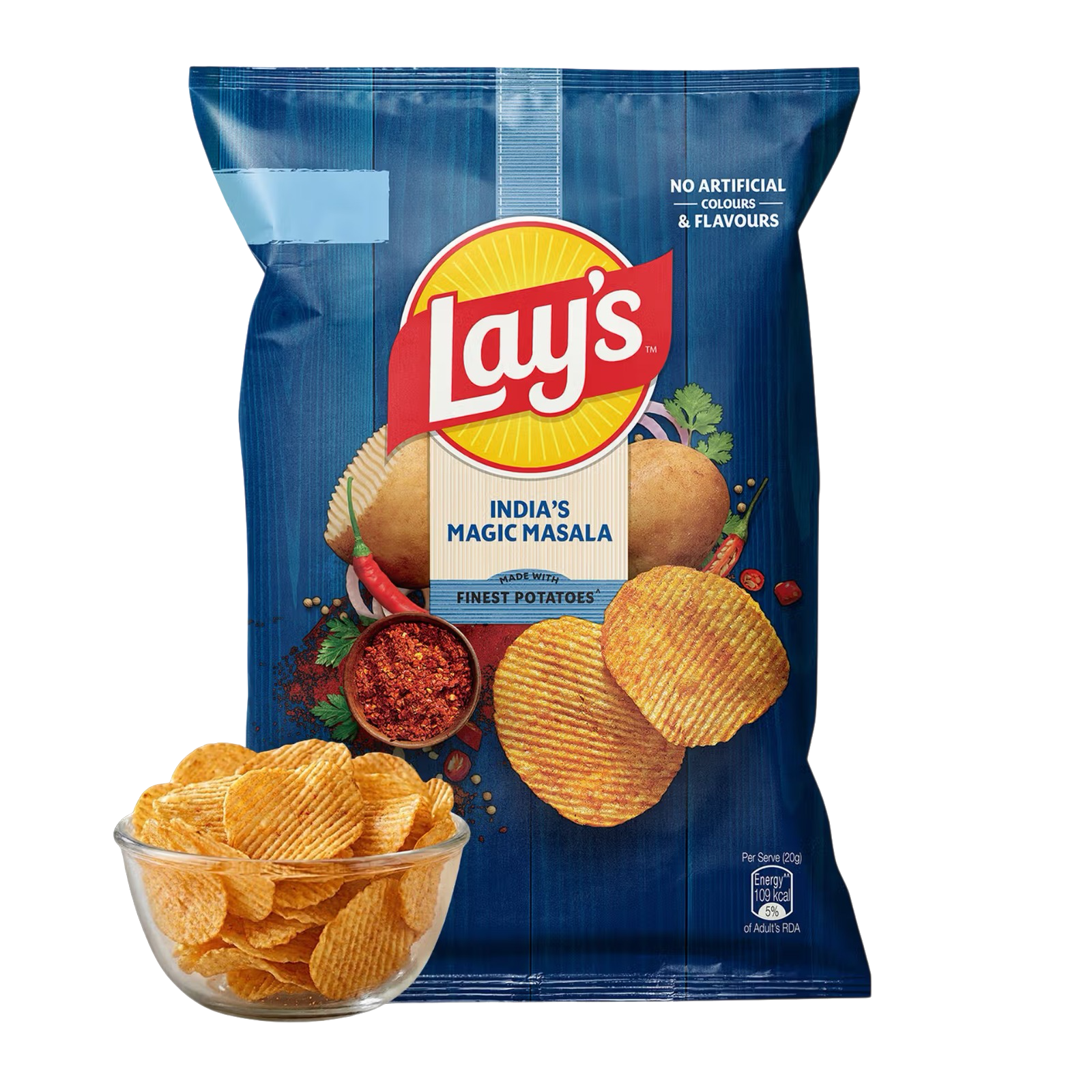 Lay's Magic Masala chips bag with a bowl of chips