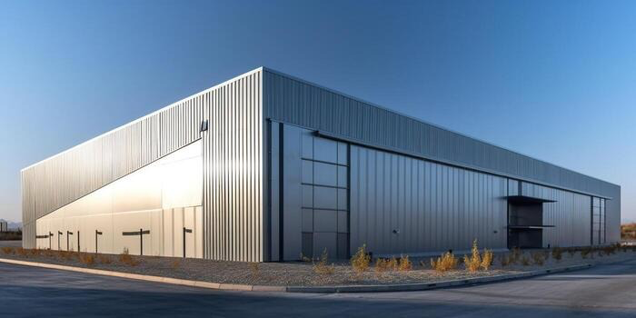 Modern logistics warehouse exterior at dusk