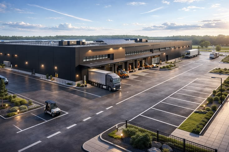 Aerial dusk view of a modern logistics warehouse with truck bays